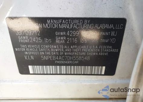 2013 Hyundai Sonata Gls z USA, uszkodzony, nr VIN 5NPEB4AC7DH558548